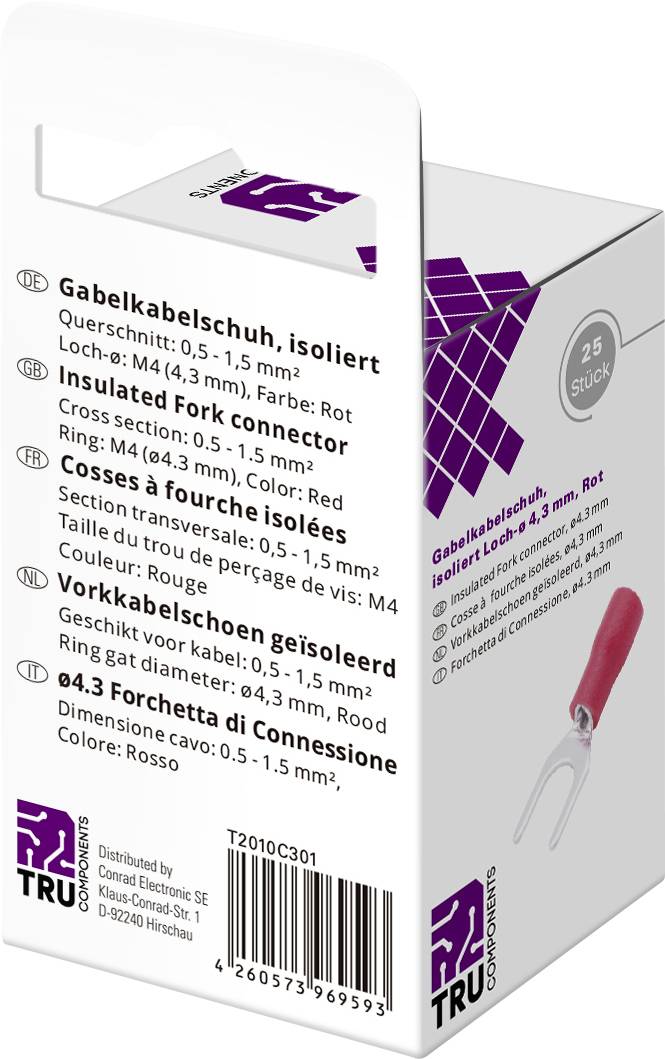 Insulated fork cable lug for cable cross-sections 0.75 - 2.5 mm², red, pack of 25 pieces, TRU Components brand.