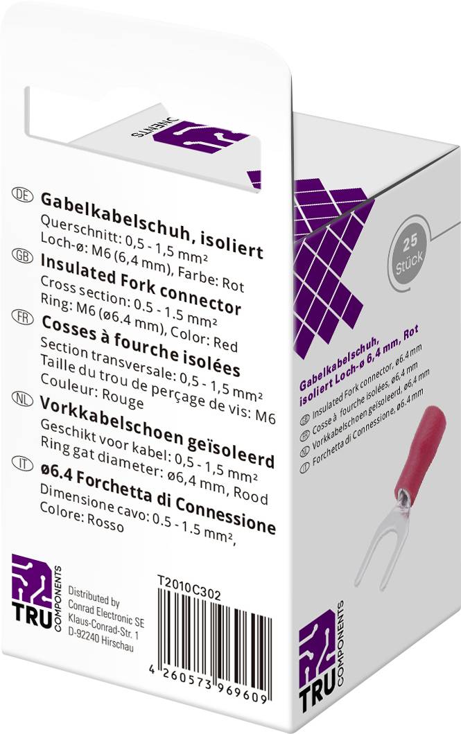 TRU COMPONENTS T2010C302 U terminal 0.5 mm² 1.5 mm² Hole Ø=6.4 mm Partially insulated Red 25 pc(s)-1