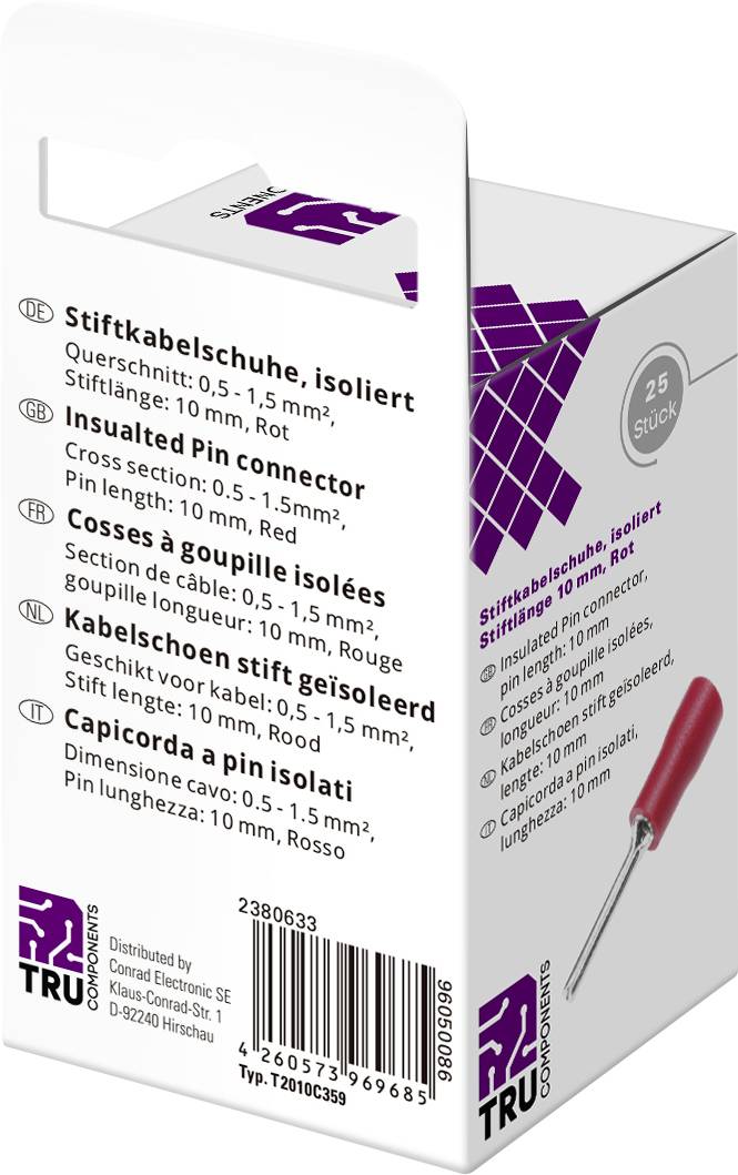 'Packaging for insulated pin cable lugs, Red, Cross-section: 10 mm. Text in multiple languages, also showed an image of the product.'