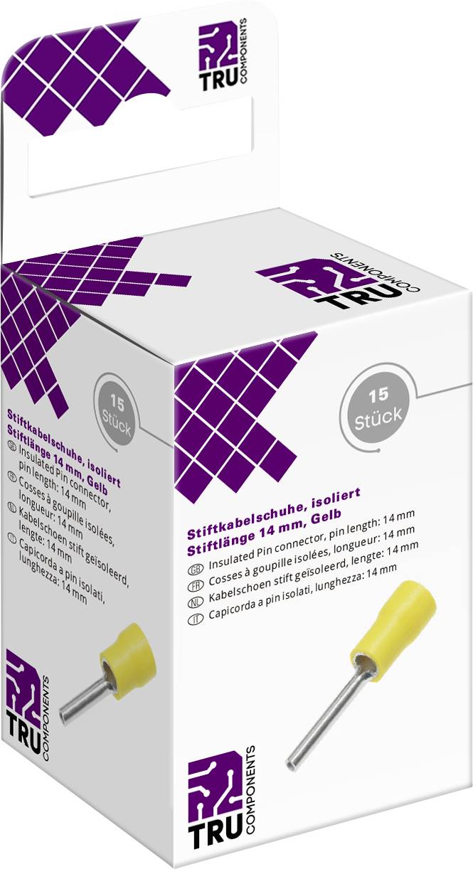 Package of 15 insulated cable end ferrules, yellow, 14mm from TRU Components. Product information is shown on the packaging.