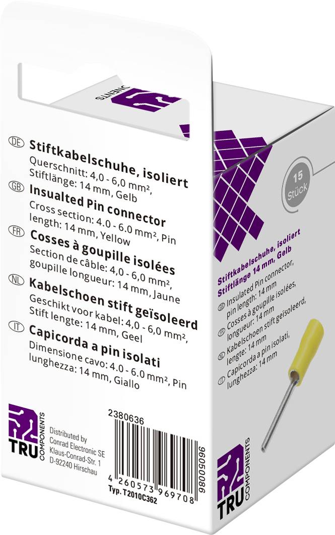 'Insulated Pin Cable Lugs' packaging with technical data in four languages. Contains 15 pieces in Yellow and matching screwdriver.
