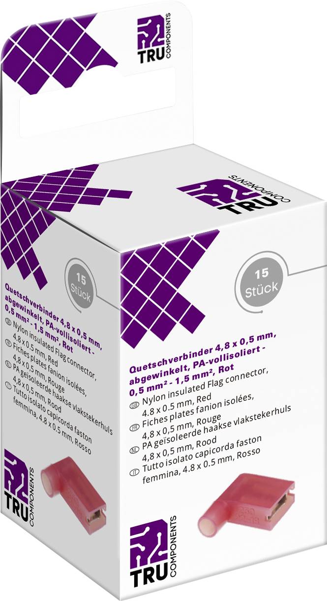 TRU COMPONENTS T2010C363 Crimp connector set Connector width: 4.8 mm Connector thickness: 0.5 mm 90 ° Insulated Red 15 p-0