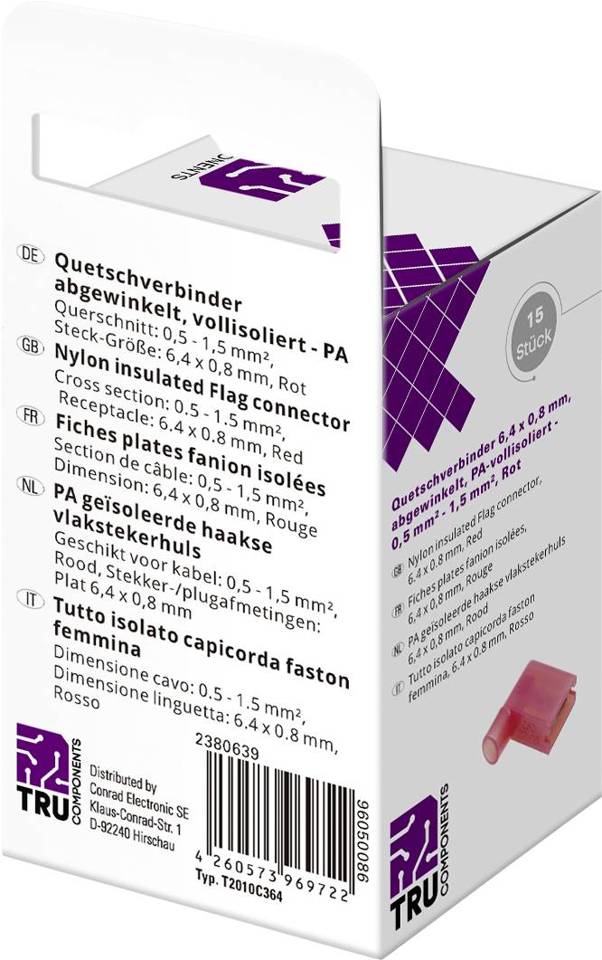 TRU COMPONENTS T2010C364 Crimp connector set Connector width: 6.4 mm Connector thickness: 0.8 mm 90 ° Insulated Red 15 p-1
