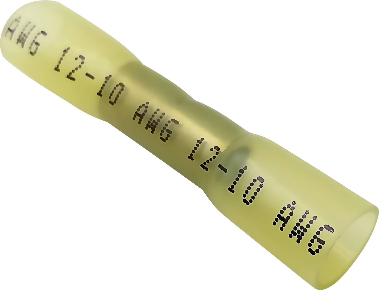 Yellow heat shrink connector with the marking '12-10 AWG'. Suitable for electrical work, permanently connects and protects wires.