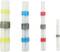 Four differently coloured electrical heat shrink connectors with metal rings in yellow, blue, red and clear, from left to right.