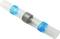 White and blue heat shrink cable connector sleeves with metal ring, used for connecting cables in electrical installations.