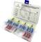Box of sorted soldering connectors in various colours and sizes. Labelling provides information about specifications and manufacturer.