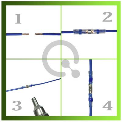 Four images showing cable connection. Image 1 shows two cable ends lying apart. Image 2: Heat-shrink connection. Image 3: Heating. Image 4: Connected cables.