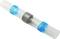 A connector with blue ends and a silver central section for joining wires, insulated and heat-sensitive.