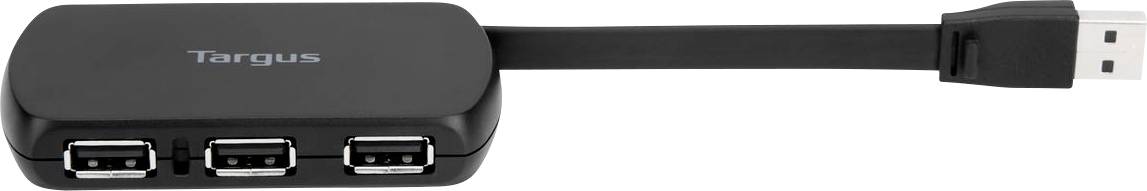 A black USB hub with three USB ports and a short cable with a USB plug.
