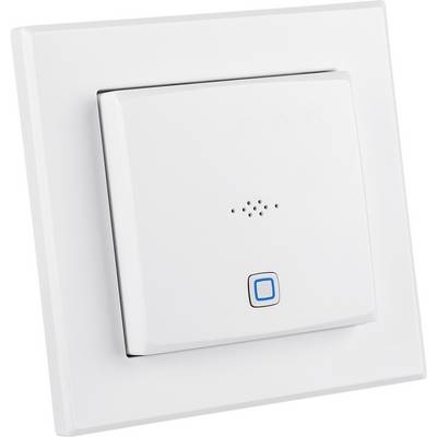 A white wall switch with a blue button in the centre, which may potentially be used to control electrical devices.
