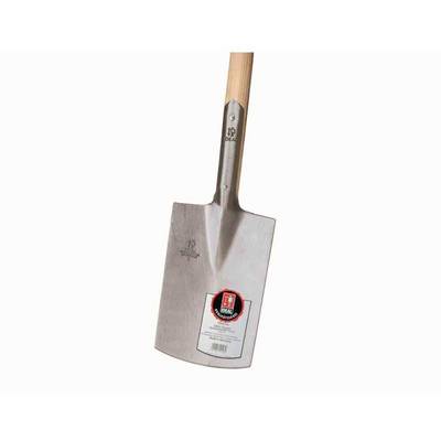 A silver shovel with a wooden handle, ideal for garden work, pictured with a label on the spade blade.