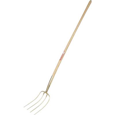 Hay fork with wooden handle and four prongs, pictured against a white background. Tool for agricultural or gardening work.