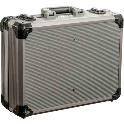 Silver metal case with black corners and a grey handle. The case has a ribbed surface.