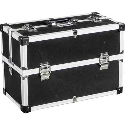 Black tool case with metal frame and fastenings, standing upright, closed.