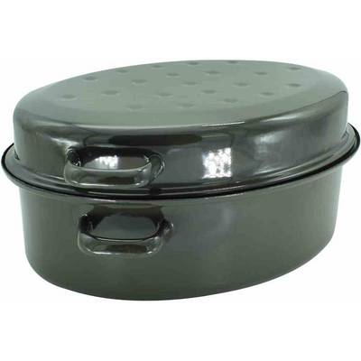 An oval, black casserole dish with a lid and two handles, used for roasting or cooking in the oven.