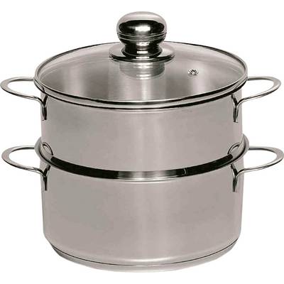 A stainless steel pot with a glass lid and two handles, suitable for cooking and steaming food.