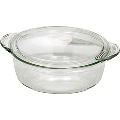A round, transparent glass bowl with a lid, suitable for baking or serving food.