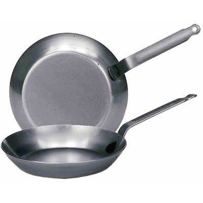 Two grey stainless steel frying pans with long handles, stacked on top of each other. The pan in the foreground shows the interior, the one at the back shows the base.