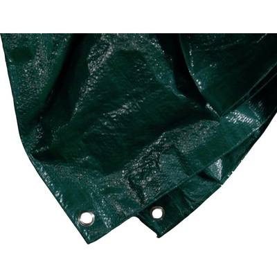 Green tarpaulin with metal eyelets at the corners, suitable for coverings or as protection during construction work.
