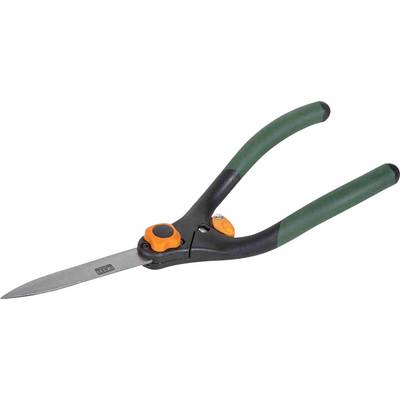 A green garden secateurs with orange and black accents, suitable for cutting plants and shrubs.