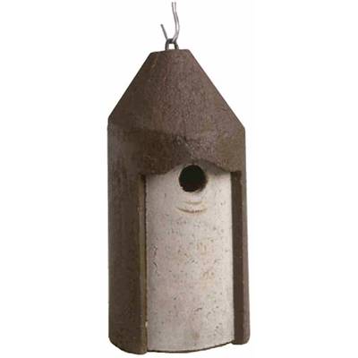 Concrete nesting box with brown roof and grey frontage, suitable for small birds.
