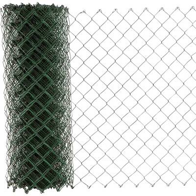 A roll of unrolled wire mesh fence. The fence is green, with a diamond-shaped grid structure.