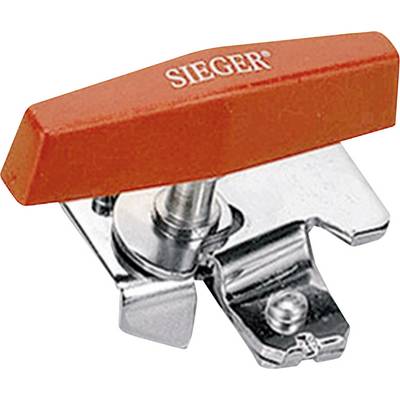 A silver metal piece with a red plastic handle bearing the word 'SIEGER'. The piece contains a clamp and a screw.