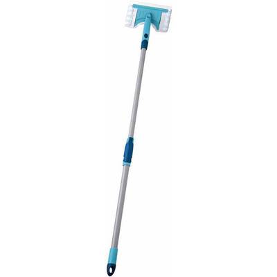 A blue window squeegee with a long telescopic handle, perfect for cleaning high windows.