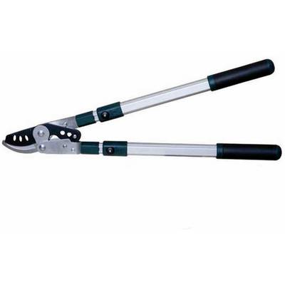 Garden shears with long handles, suitable for cutting branches. Silver blades, black handles with green elements.
