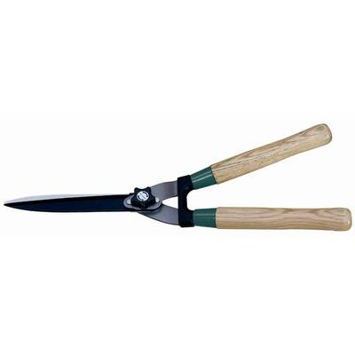 Garden shears with wooden handles and long, sharp blades, for trimming hedges and shrubs.