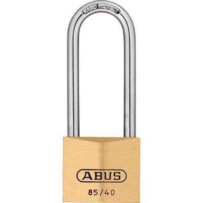 An ABUS padlock with a golden body and silver shackle, model number 85/40, suitable for securing property.