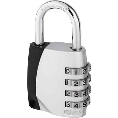 Padlock with number code, silver and black, combination set to '0-0-0-0'.