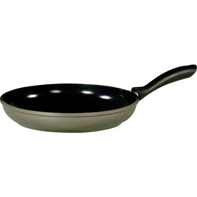 A black frying pan with an ergonomic handle, lying on a flat surface. Ideal for frying and cooking.