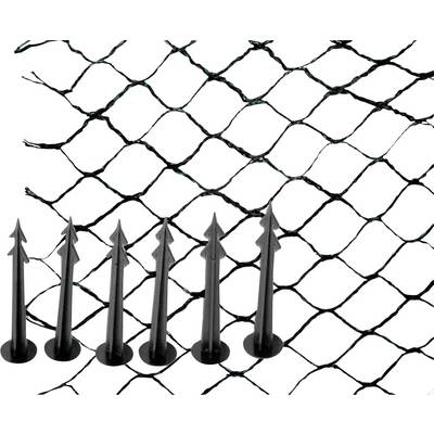 Black plastic mesh with drawing pins for fixing to floors or walls, often used for protection or covering.