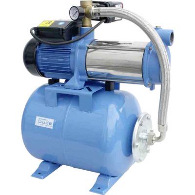 Blue home water system with motor, pressure gauge and metal hose. Stands on a sturdy base. Used for water supply.