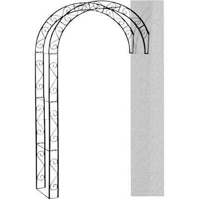 Metal arch made of black lattice with spiral decorations. The right-hand section is leaning against a grey wall.