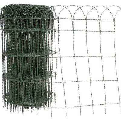 Green wire mesh fence, partially rolled and unrolled, showing a wavy upper edge. Ideal for garden boundaries.