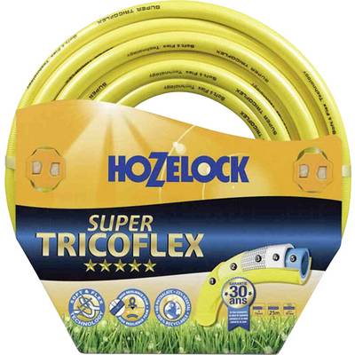 'HOZELOCK Super Tricoflex' yellow garden hose, coiled in packaging. Features: Technology, durability, recyclable material.