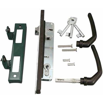 Door lock set with two black handles, lock mechanism, strike plate, screws, and three keys.