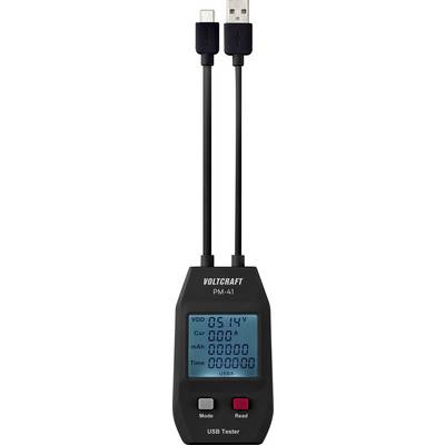 'VOLTKRAFT PM-41 USB Tester' shows a voltage of 5.14 V, current 0.000 A, with buttons for mode and reset. Two cables: USB-C and USB.
