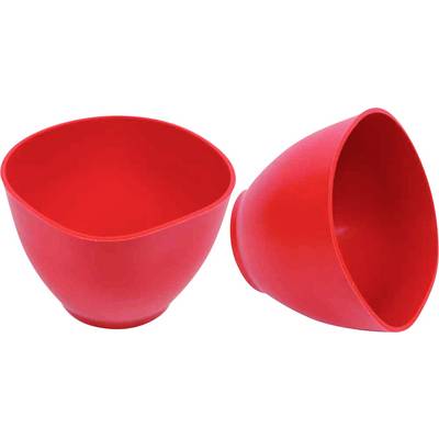 Two red, empty plastic bowls; one standing upright, the other lying on its side.
