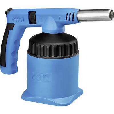 Blue handheld propane torch with a large black fuel canister base and metal nozzle<br>