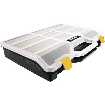 Small, transparent plastic organiser with yellow closures and black handle, perfect for storing small items.