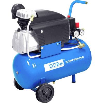 Blue air compressor with black motor housing, pressure gauges and blue air pressure boost. 'Güde' brand on the tank.