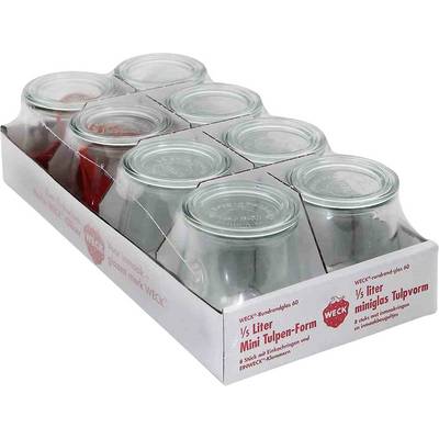 Pack of eight WECK glasses in tulip shape, each ¼ litre in capacity. Four glasses contain red liquid, four are empty. Perfect for preserving.
