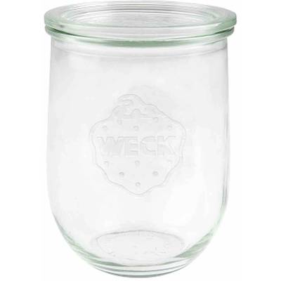 A clean, transparent preserving jar with lid, brand 'Weck', for storing food.