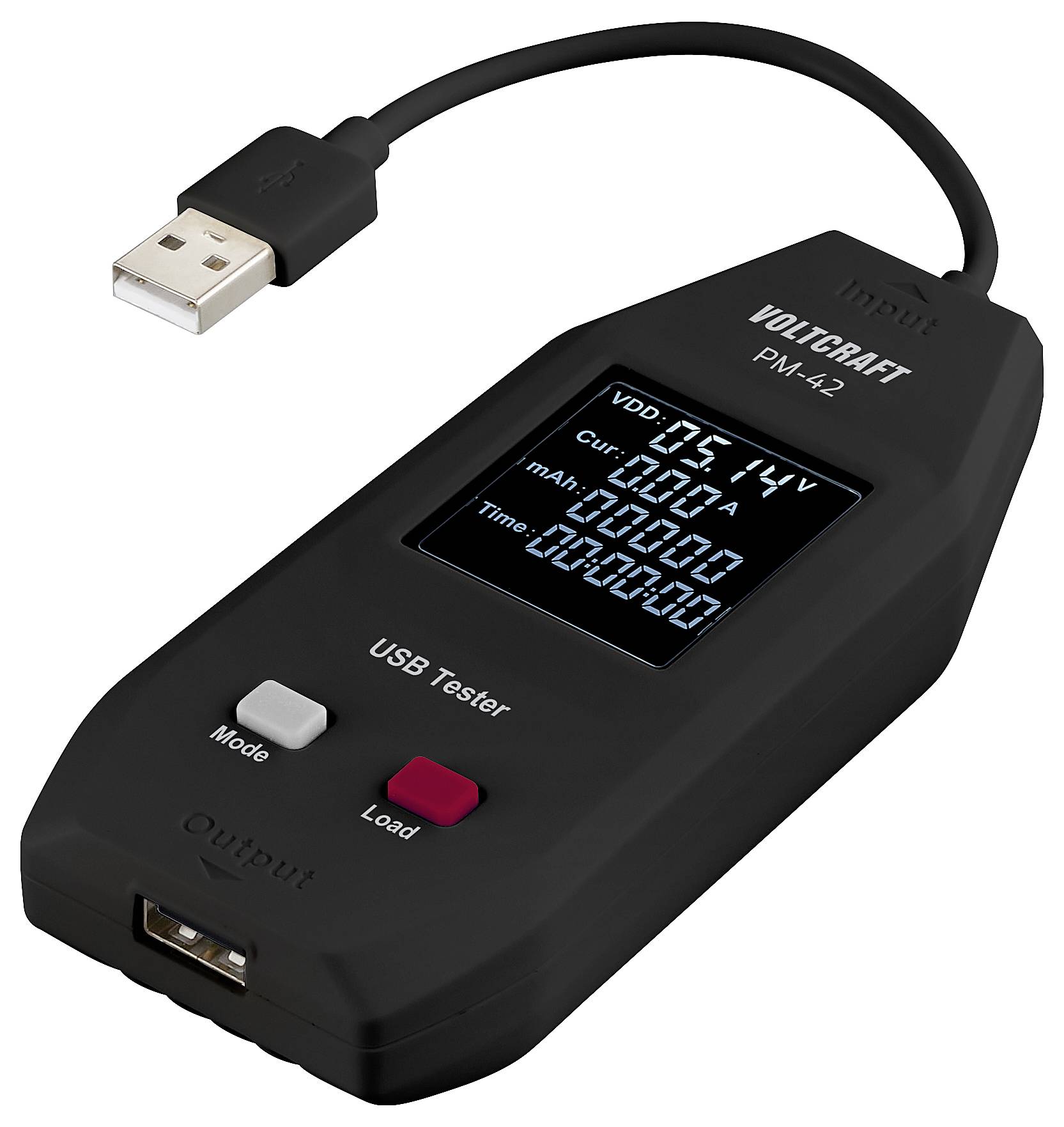 USB Tester for measuring voltage, current, energy and time. Displays digital values on a screen. Brand name: Voltcraft PM-42.