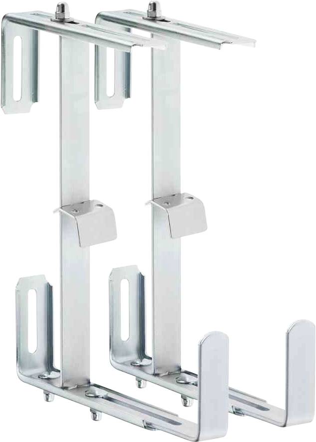 Two metal cable mounting brackets for wall installation, with U-shaped hooks and adjustable mounting angles, for neat cable routing.