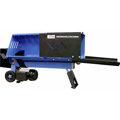 Firewood splitter in blue with a black frame. 'Güde Firewood Technology' is written on the side. Suitable for wood splitting.
